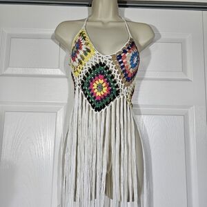 Colorful Crochet Halter Fringe Tank Top